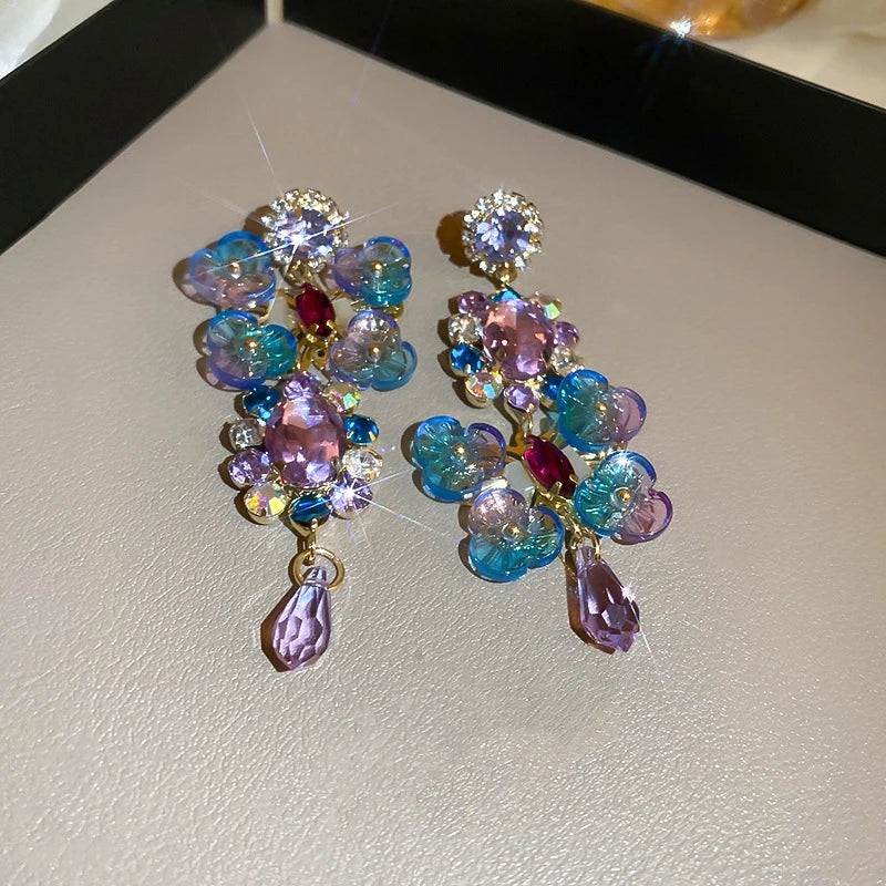 Rhinestones Asymmetric Artificial Crystal Flower Round Light Luxury Water Drop Dangle Earrings Bohemian Fashion Design Earring