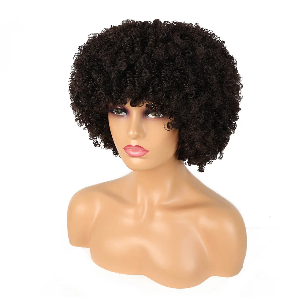 Short Afro Curly Wig with Bangs - Synthetic Natural Curly for Women