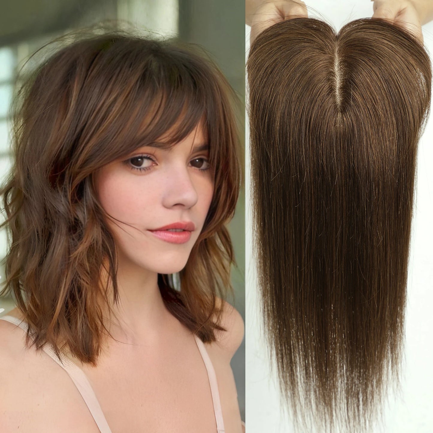 Brown Blonde Ombre 14 Inch Silk Base Human Hair Topper Remy Hair Clip In Top Piece for Women with Bangs Extensions for Thinning