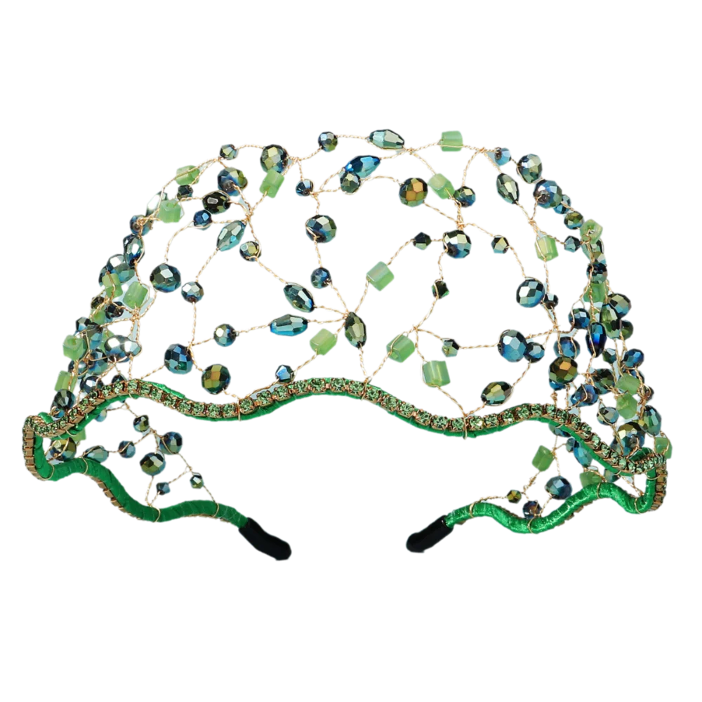 Handmade Crystal Beads Hair Net Crown Wedding Headpieces Hair Jewelry Sparkling Rhinestone Tiara Hair Hoop Elegant Headbands