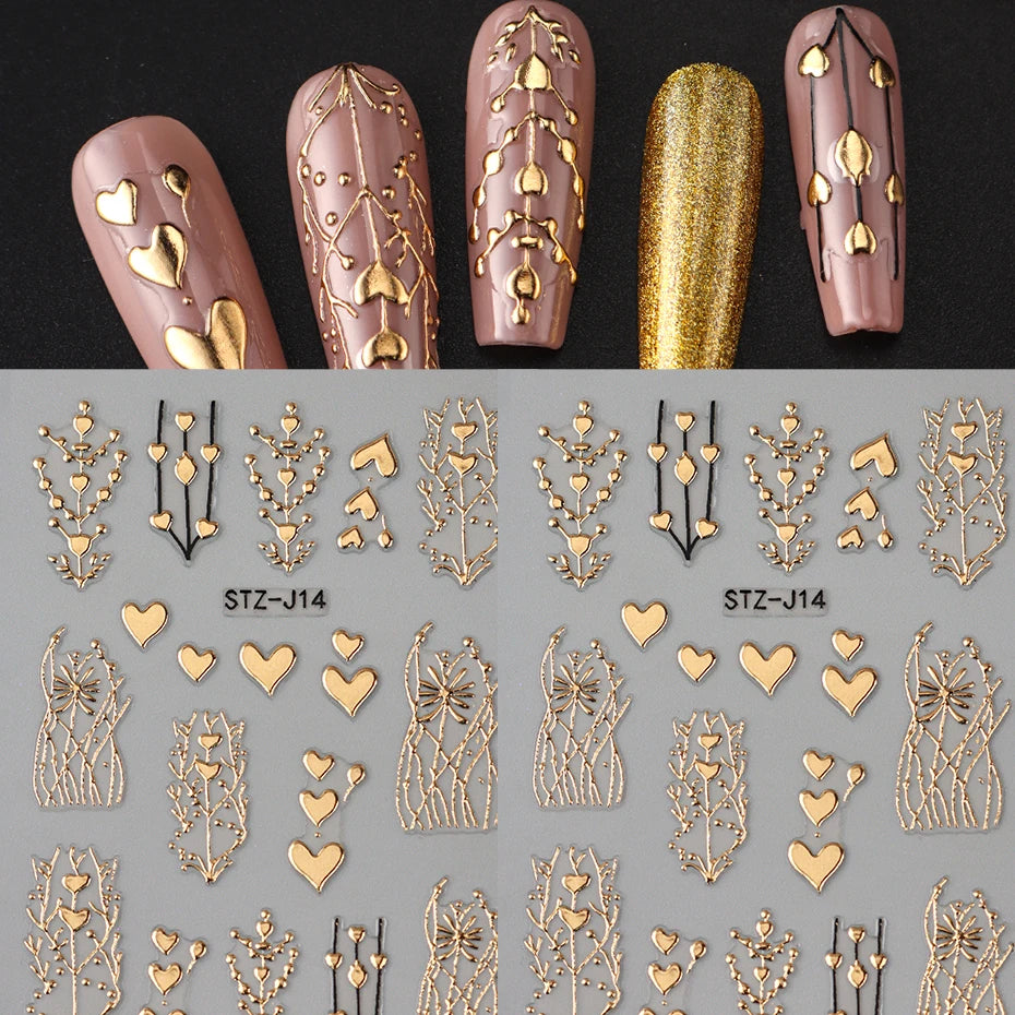 2pcs 3D Bronzing Heart Nail Stickers - Self Adhesive Nail Decals Metallic Heart Designs for Valentine'S Day Manicure Decoration