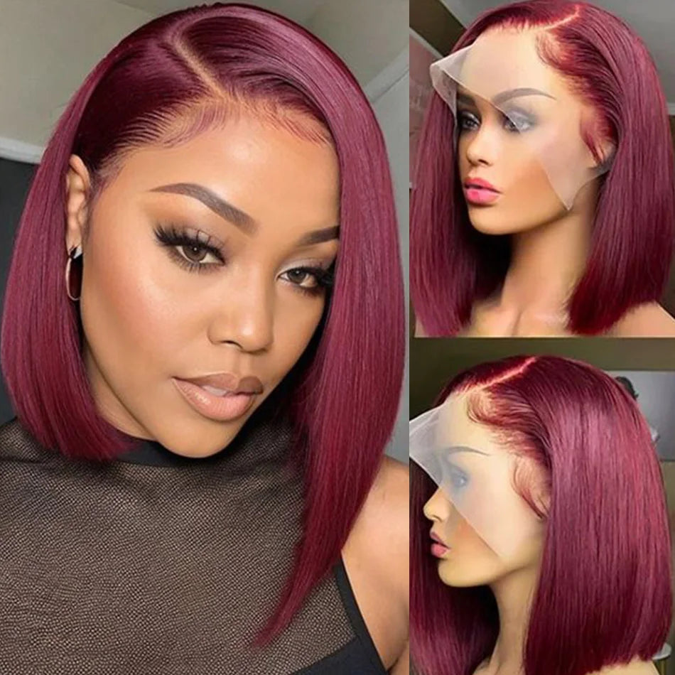 Bone Straight Short Bob Wig Human Hair Wigs For Women Burgundy 13X4 Lace Front Wigs 99J Bob Wig Brazilian Human Hair Pre Plucked