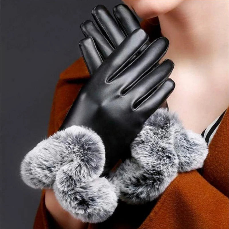 1 Pair Women Winter Warm Gloves Women Lady Black Leather Gloves Autumn Winter Warm Rabbit Fur Mittens Warmth Warmer Mittens