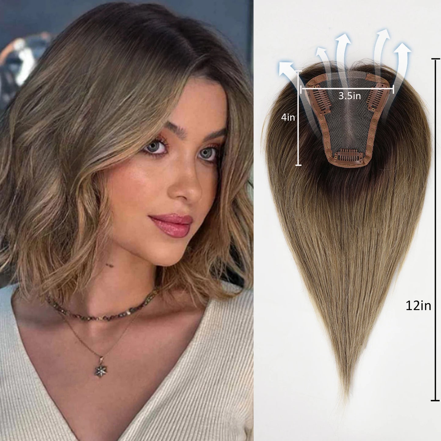 Women Human Hair Toppers Middle Part Ombre Light Brown Blonde Human Toupee Hair Pieces with Thinning Hair Base Clip in Toppers