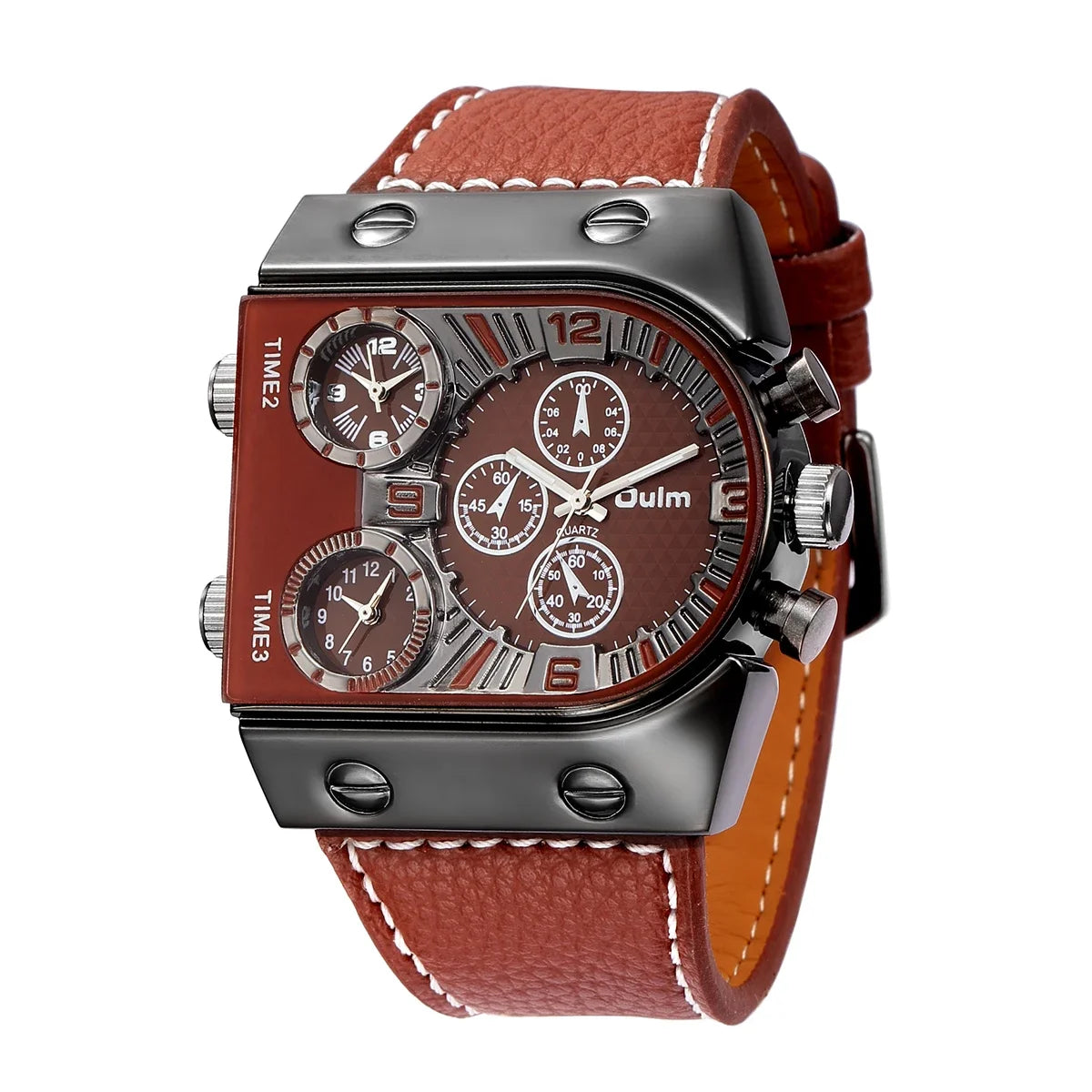 Oulm 9315 Men's Three Time Zone Watch Casual Leather Strap Wristwatch Unique Design Outdoor Sports Male Clock Watches