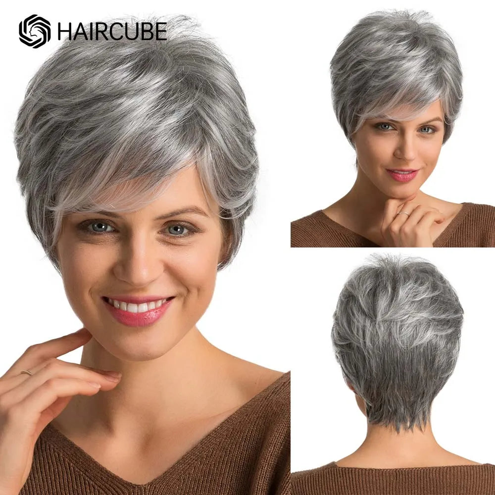 Short Pixie Cut Silvery Gray Blend Hair Wigs for Women with Bangs Ash Natural Straight Layered Human Hair Mixed Synthetic Fiber