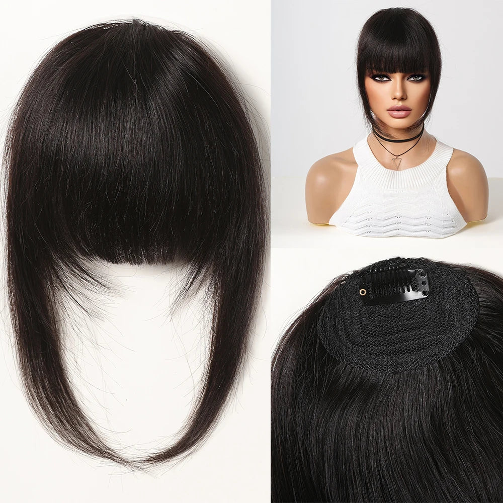 Human Hair Bangs Fringe Hairpieces Blunt Cut Natural Air Bangs Over Head Clip In Hair Extensions Black Brown Remy Hair for Women