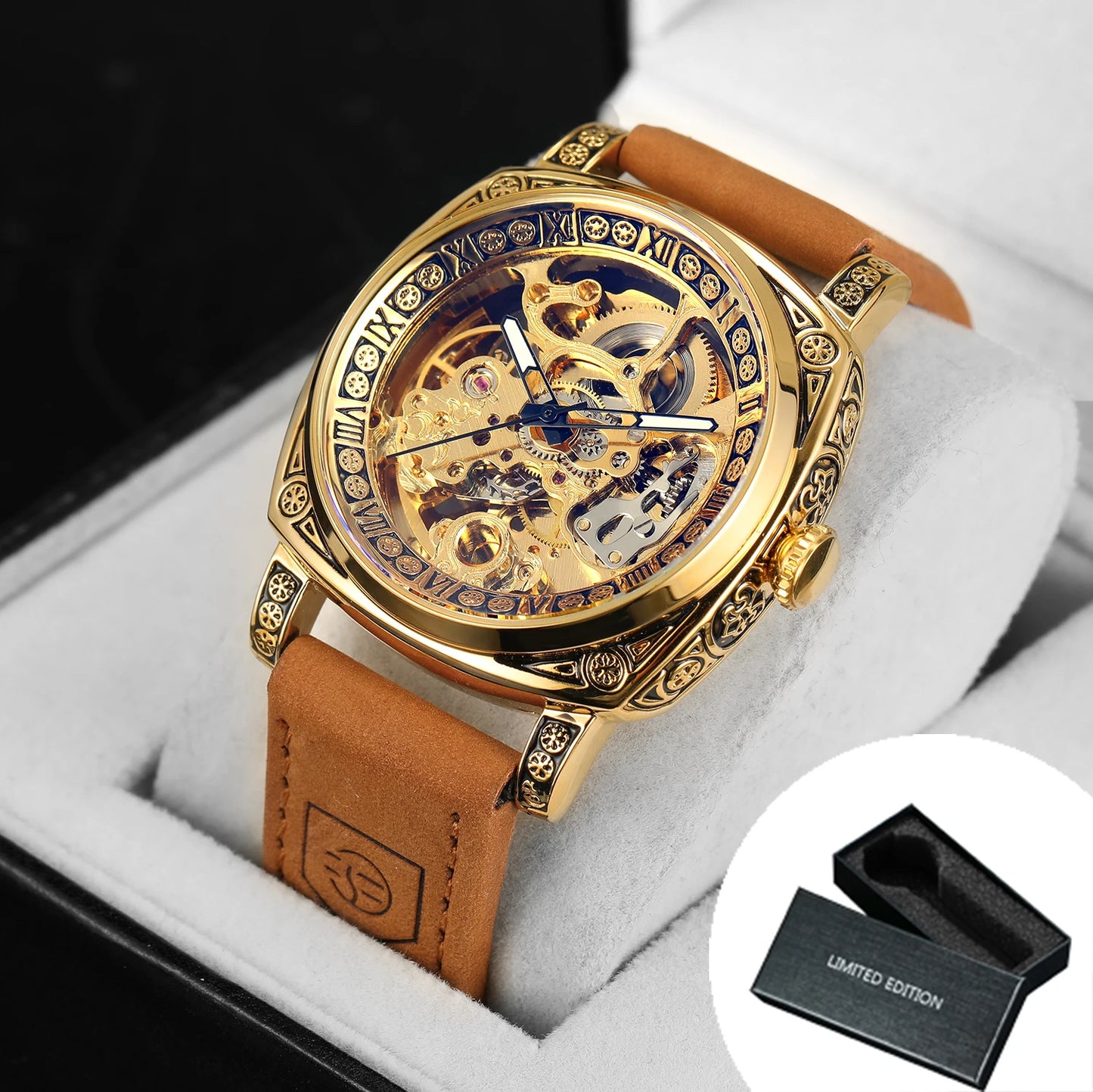 Forsining Royal Retro Skeleton Automatic Mechanical Watch for Men Leather Strap Business Casual Mens Watches Top Brand Gifts New