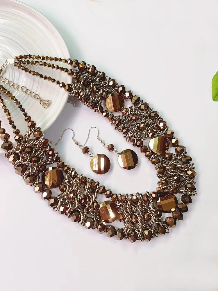 1 necklace +1 pair of earrings, 3 rows of artificial crystals, handmade, Bohemian style, perfect for everyday gifts!