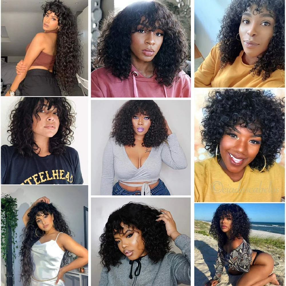 Curly Human Hair Wigs with Bangs Water wave Wig Brazilian Unprocessed Virgin Hair Machine Made Curly Human Wigs 150% Density