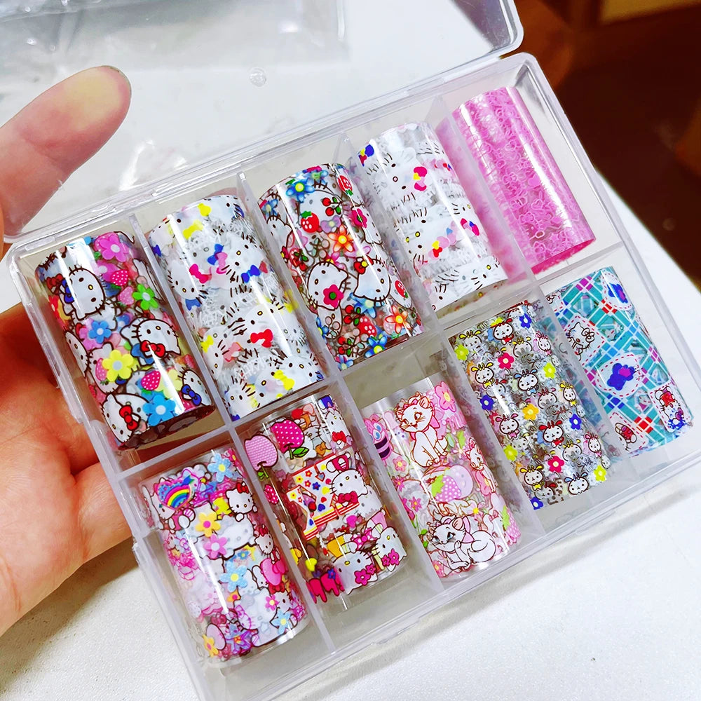 10Rolls Cartoon Hello Kitty Nail Art Transfer Foil Cute Kitty Cat&Kuromi Nail Foil Sticker Y2K Manicure KT Cat Transfer Decal &*