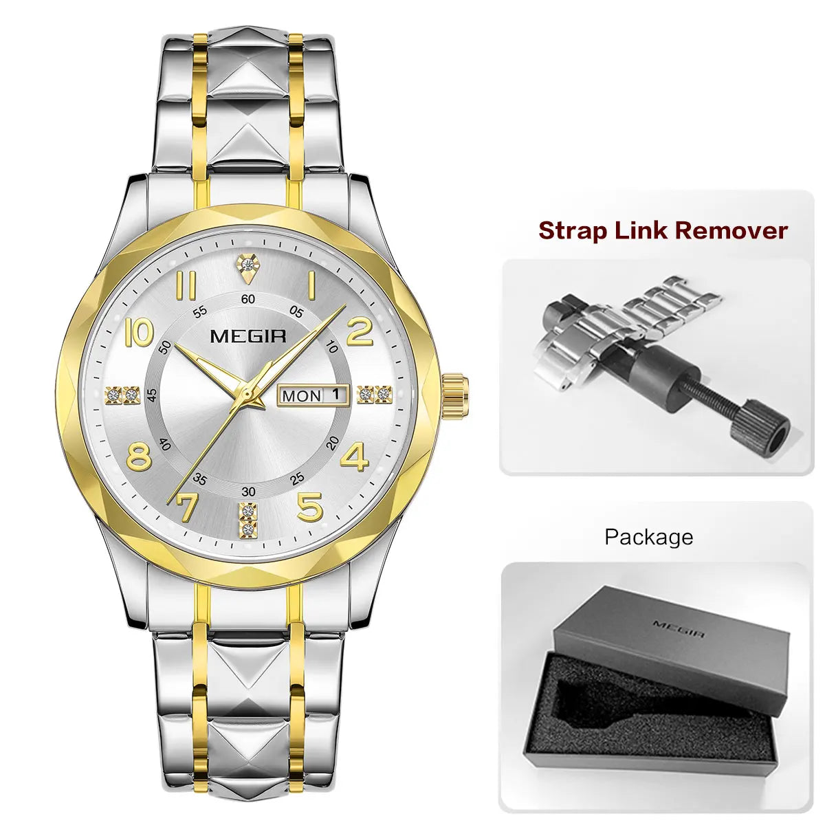 MEGIR Elegant Simple Style Men Quartz Watch with Date Day Display Fashion Stainless Steel Strap Alloy Case Ladies Wristwatch