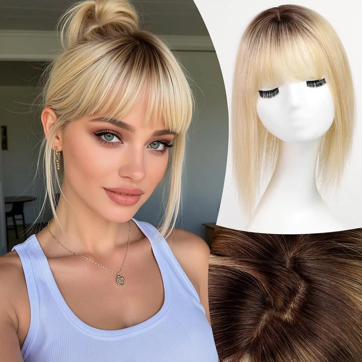 Brown Mixed Blonde Human Hair Topper with Bangs Natural Silk Straight Clip in Hair Extensions for Women with Thinning Hair 12 In