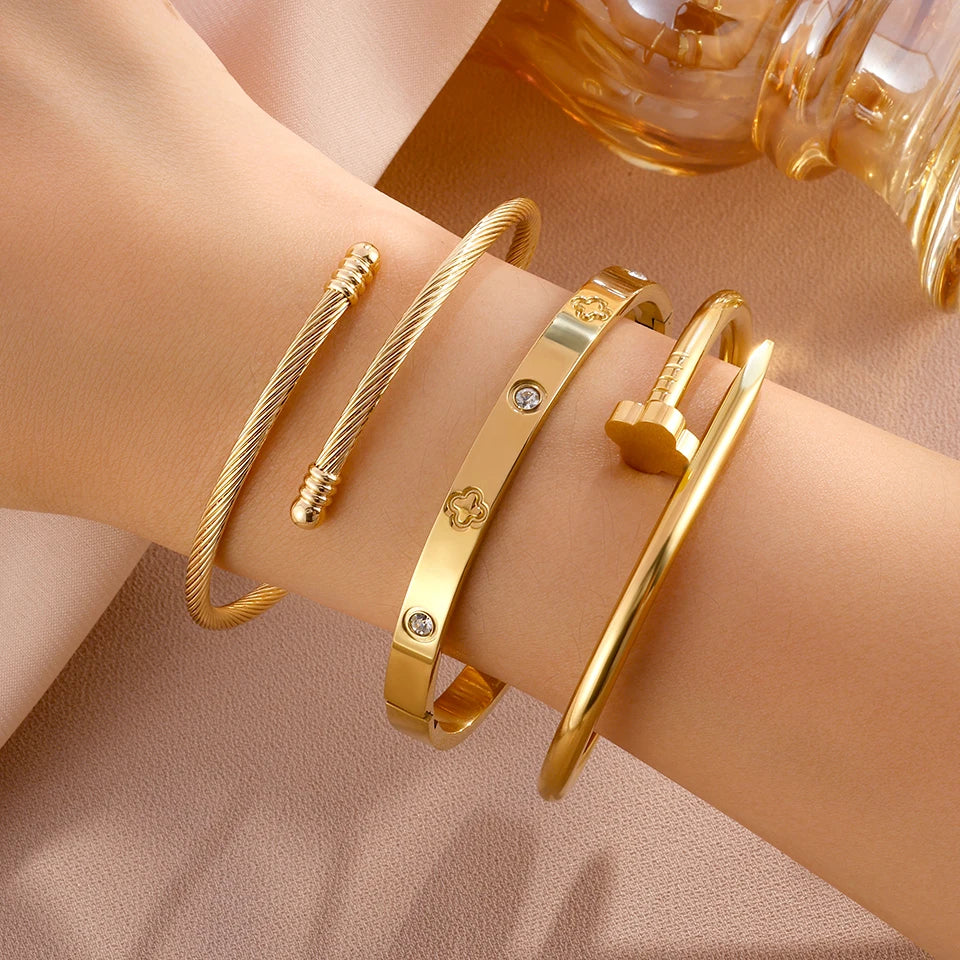 Yupsk New Creative Four-leaf Flower Series Stainless Steel Bracelets Set for Women Versatile Stackable Jewelry Couple Gift