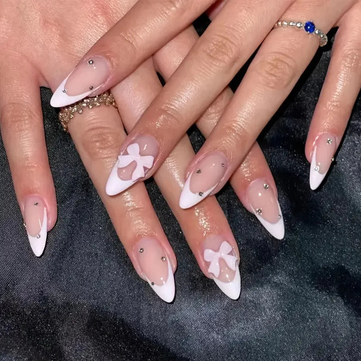 24Pcs Leopard Print Fake Nails Black Bow Press on Long Almond with Rhinestone False Nails Wearable Finished Fingernails Nail Art