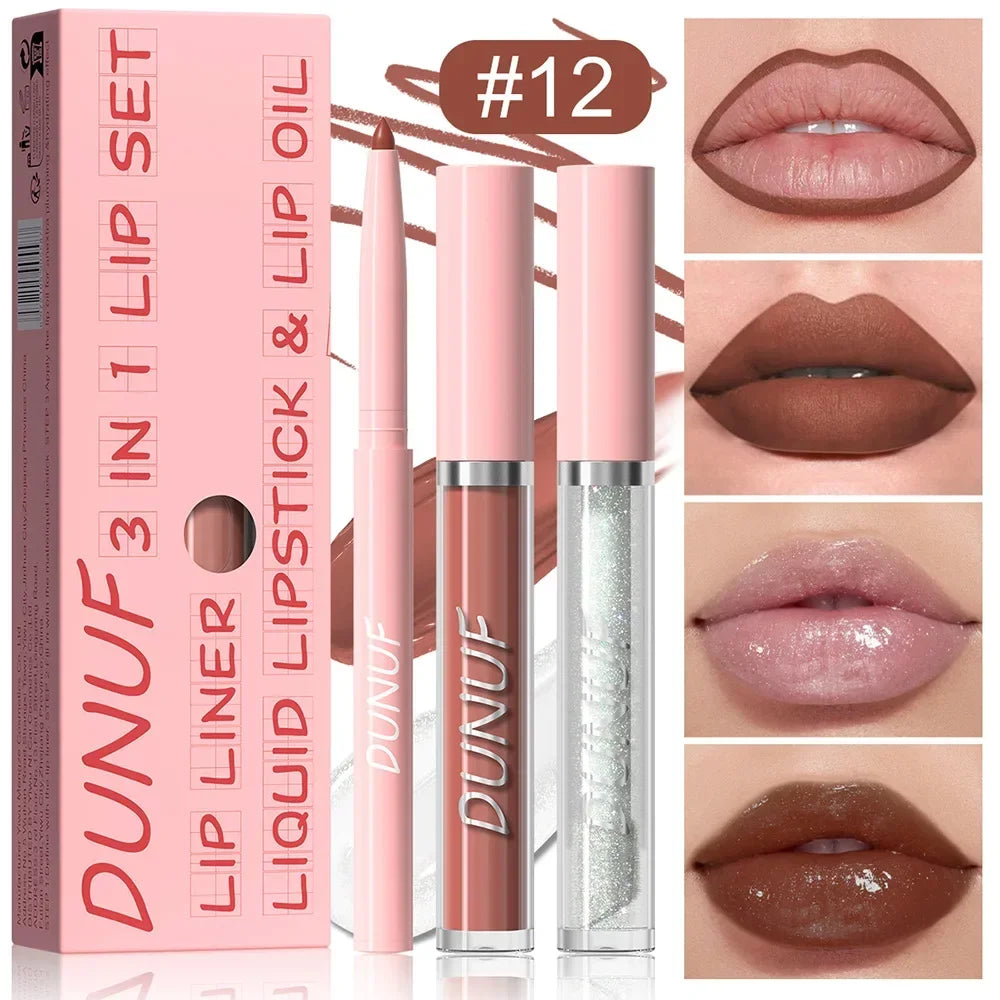 DUNUF 3 In 1 Matte Lipglaze Lip Liner Moisturize Clear Lip Oil Set Cosmetics Waterproof Long lasting Plumer Mirror Lips Gloss