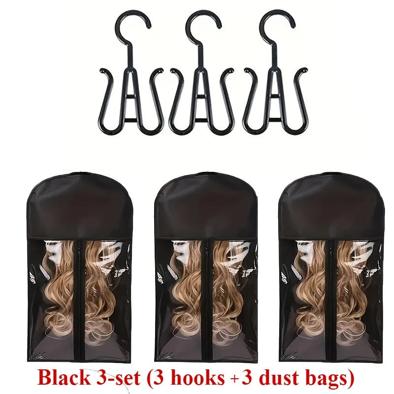 3pcs Wig Storage Set with Hooks Transparent Dust Bags Non-Woven Moisture-Proof Cover for Wigs Hairpieces Organizer Holder