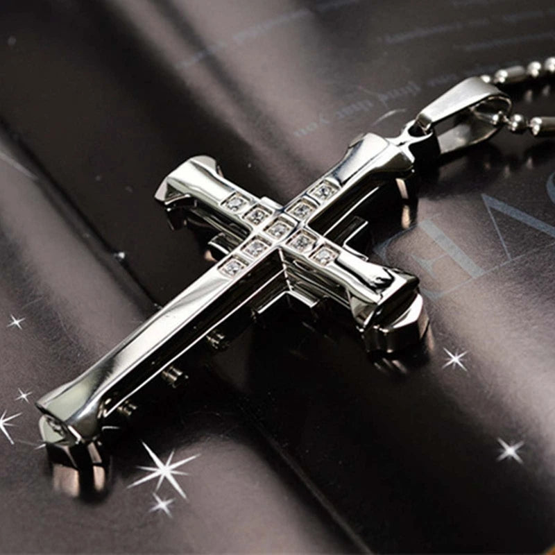 2024 New Male Crystal Cross Jesus Pendant Gold/Black/Blue Color Zirconia Cross Pendant Necklace Stainless Steel Jewelry