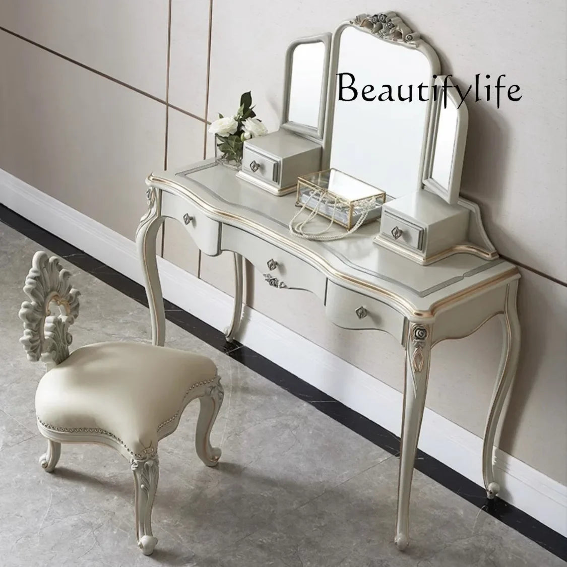 BJ BJ French Light Luxury Solid Wood Carved Dresser Dressing Chair Bedroom European Simple Makeup Table Storage