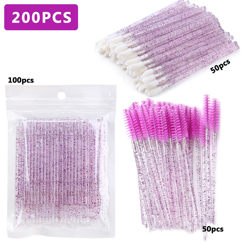 100/200Pcs Disposable Makeup Brush Crystal Lip Gloss Microbrush Mascara Wands Applicator Eyelash Extension Supplies Accessories