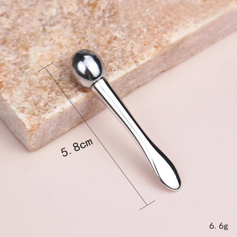 Mini Cosmetic Massage Ball Roller Stick Spatula Silver Metal Makeup Eye Cream Spoon Roller Cosmetic Scoop