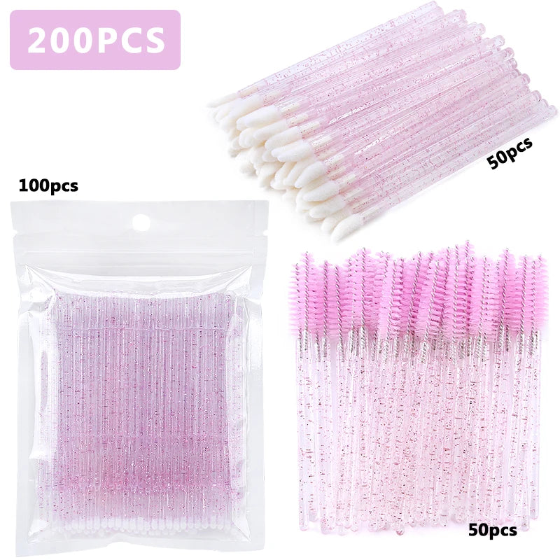 100/200Pcs Disposable Makeup Brush Crystal Lip Gloss Microbrush Mascara Wands Applicator Eyelash Extension Supplies Accessories