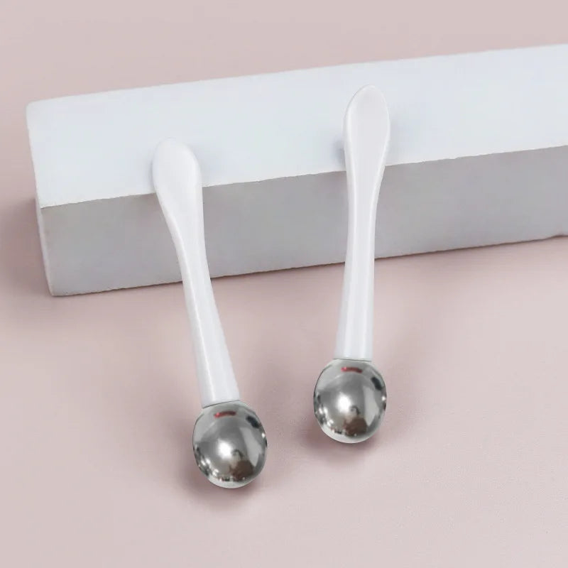 Mini Cosmetic Massage Ball Roller Stick Spatula Silver Metal Makeup Eye Cream Spoon Roller Cosmetic Scoop