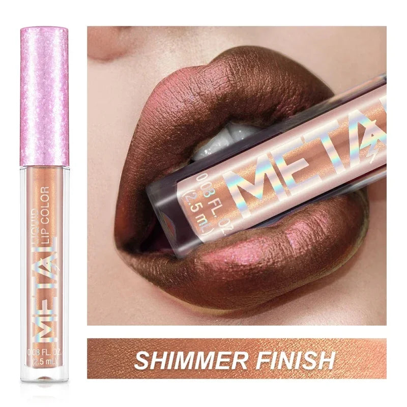 Glitter Metallic Liquid Lipstick Waterproof Shiny Shimmer Metal Lip Gloss Tint Non-Stick Cup Lipgloss Long Lasting Makeup Beauty