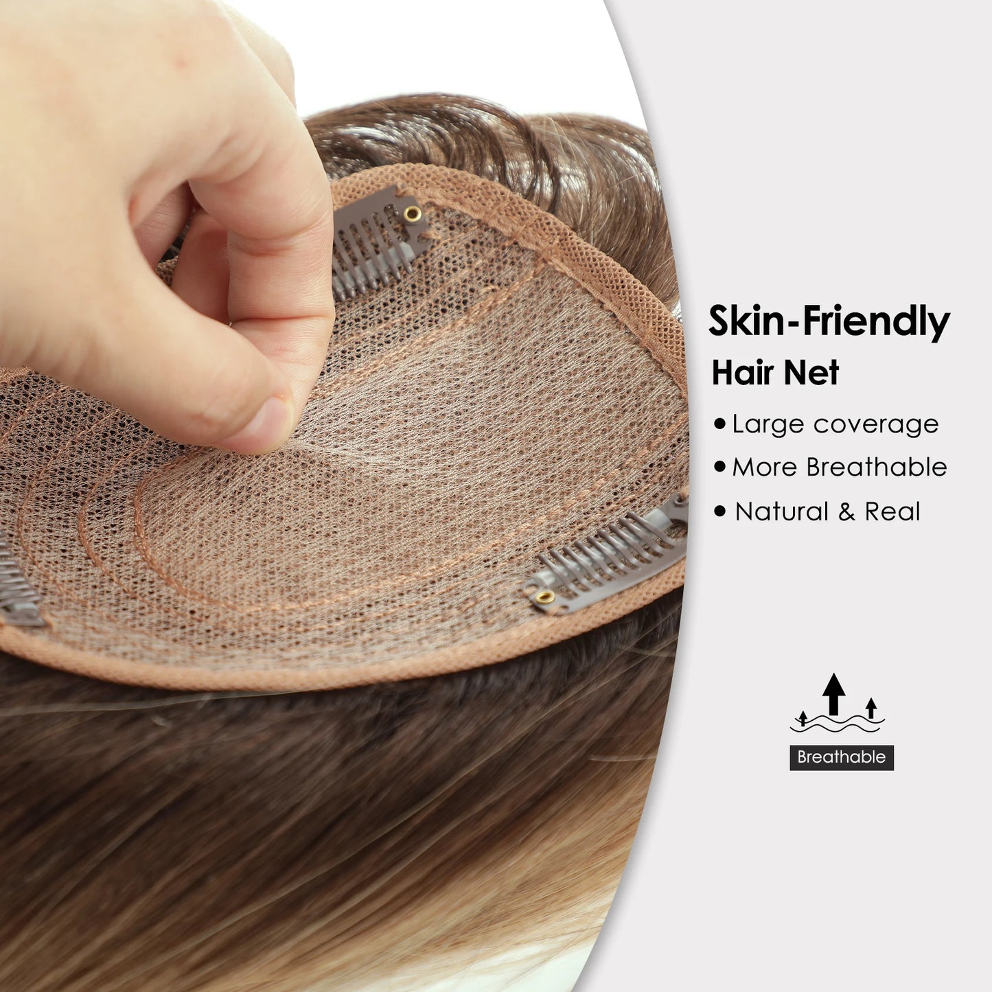 Brown Blonde Ombre 14 Inch Silk Base Human Hair Topper Remy Hair Clip In Top Piece for Women with Bangs Extensions for Thinning