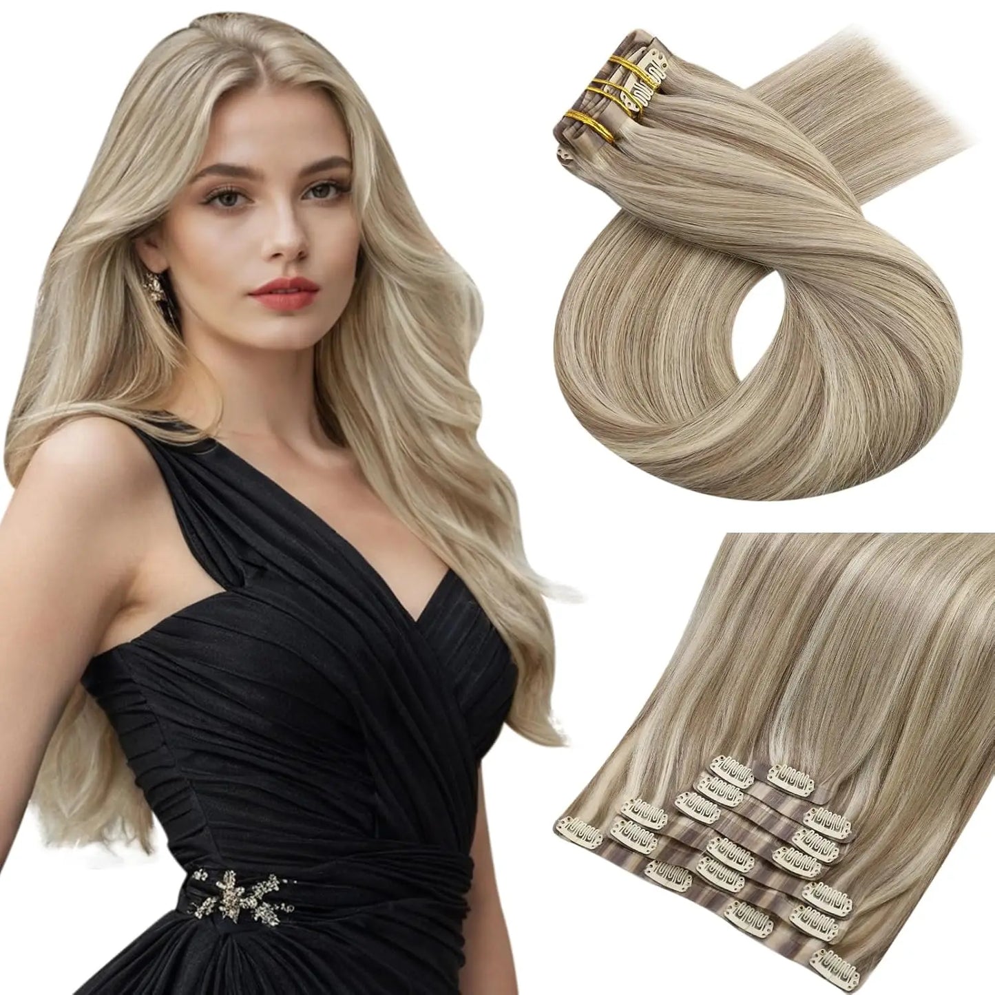 Moresoo Seamless Invisible PU Clip in Hair Extensions 100% Real Human Hair Remy Hair  PU Clip in Extensions 7PCS 105G Full Head
