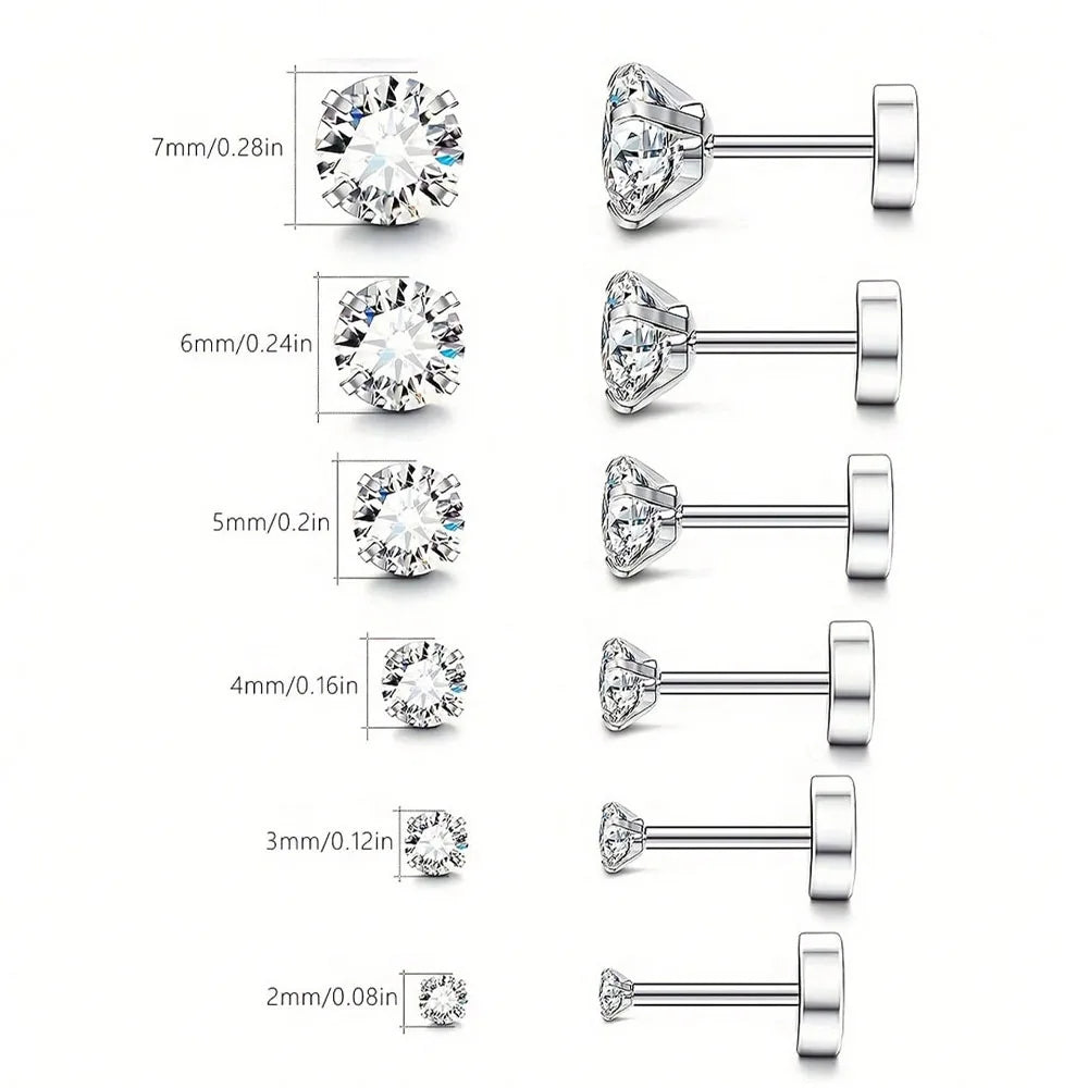 1Pair Stainless Steel Crystal Flat Studs Women Men Bar Screw Back Tragus Round Clear Cubic Zirconia Piercing Earrings Jewelry