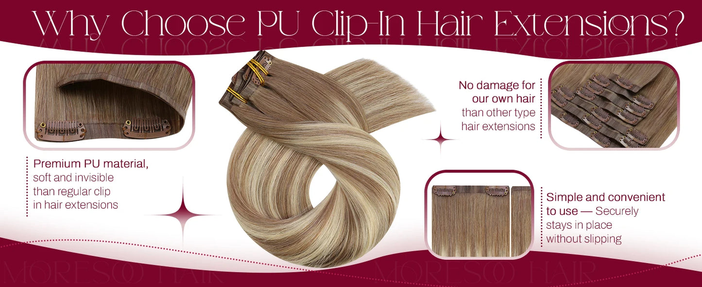 Moresoo Seamless Invisible PU Clip in Hair Extensions 100% Real Human Hair Remy Hair  PU Clip in Extensions 7PCS 105G Full Head