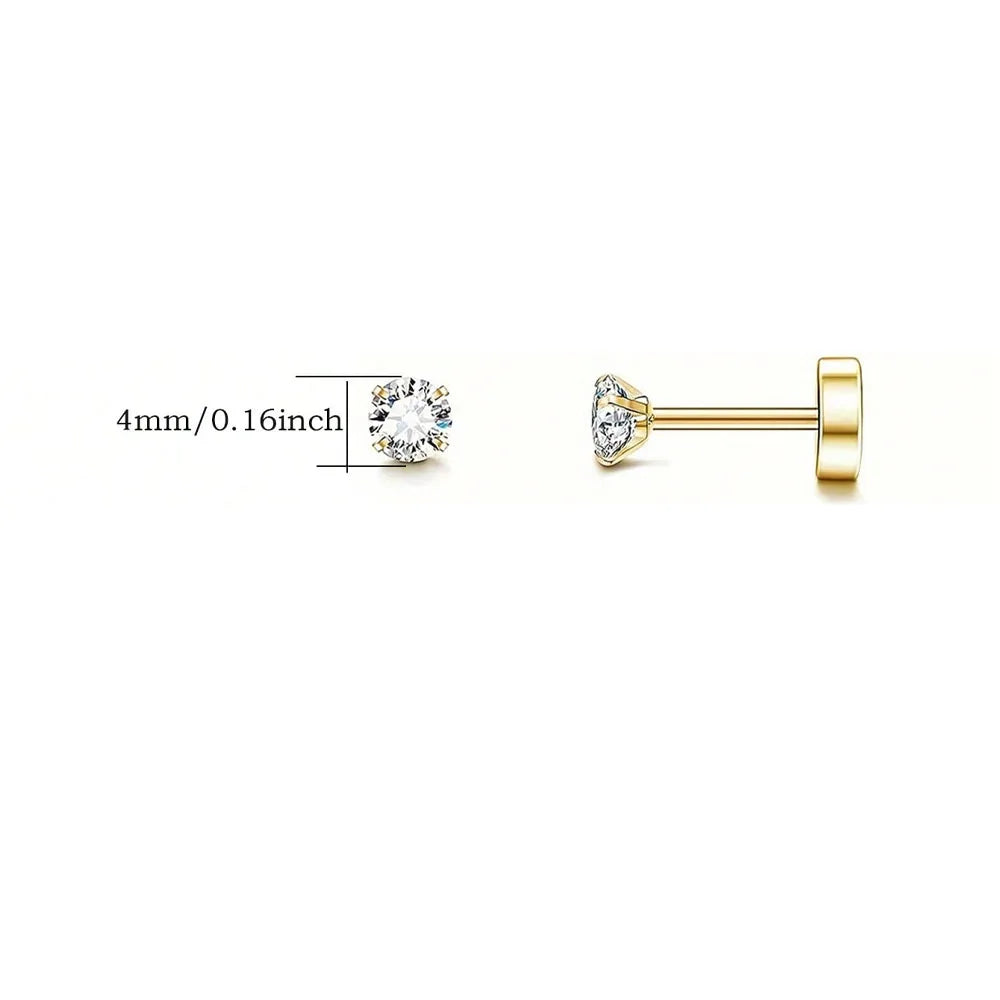 1Pair Stainless Steel Crystal Flat Studs Women Men Bar Screw Back Tragus Round Clear Cubic Zirconia Piercing Earrings Jewelry