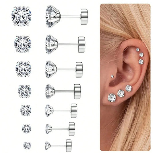 1Pair Stainless Steel Crystal Flat Studs Women Men Bar Screw Back Tragus Round Clear Cubic Zirconia Piercing Earrings Jewelry