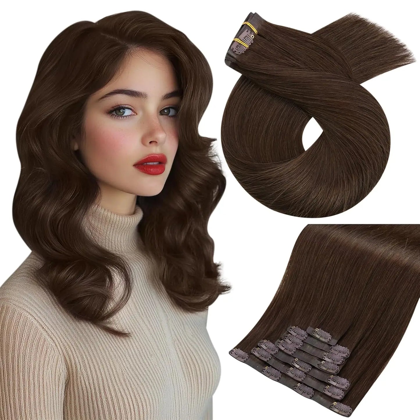 Moresoo Seamless Invisible PU Clip in Hair Extensions 100% Real Human Hair Remy Hair  PU Clip in Extensions 7PCS 105G Full Head