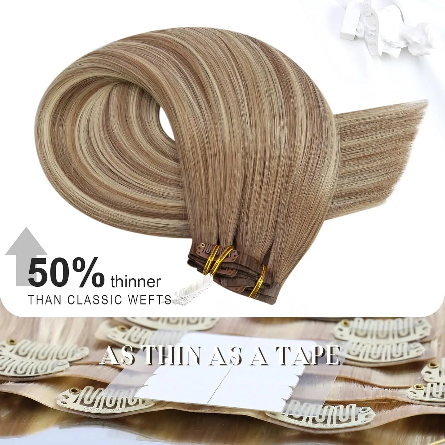 Moresoo Seamless Invisible PU Clip in Hair Extensions 100% Real Human Hair Remy Hair  PU Clip in Extensions 7PCS 105G Full Head