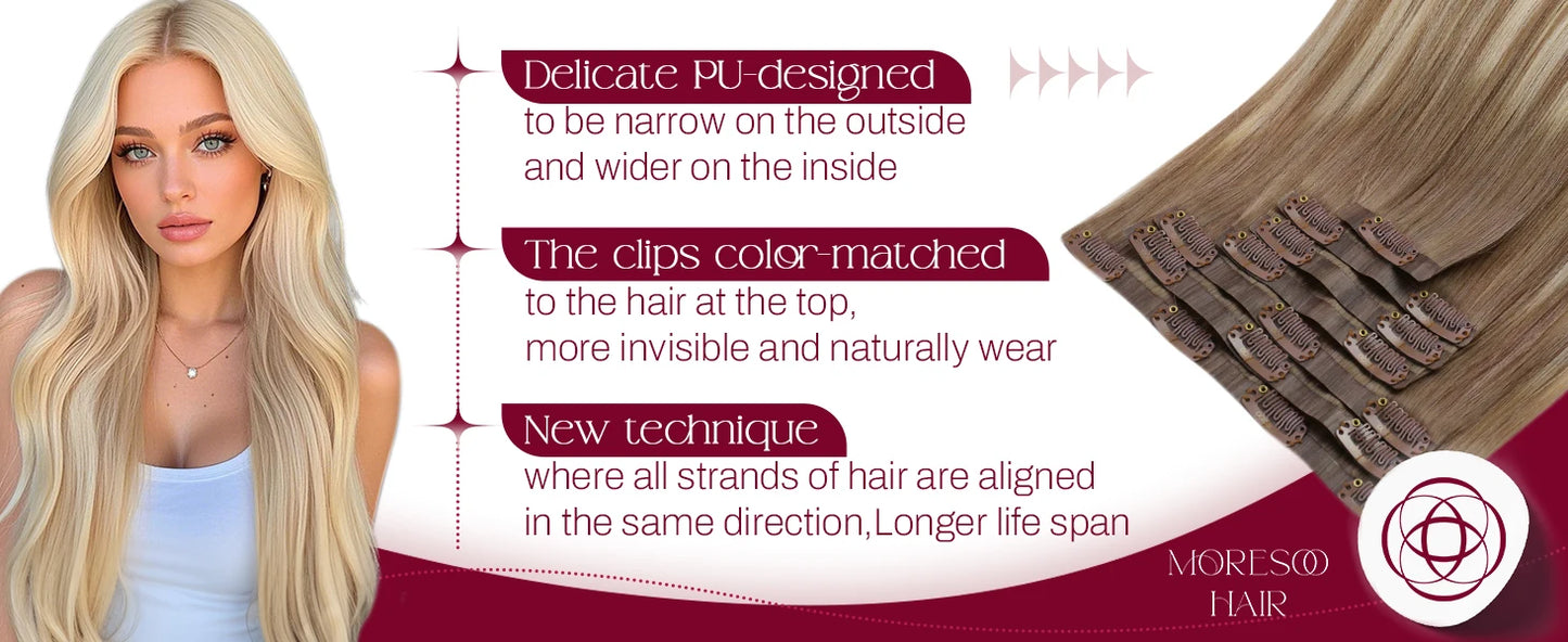 Moresoo Seamless Invisible PU Clip in Hair Extensions 100% Real Human Hair Remy Hair  PU Clip in Extensions 7PCS 105G Full Head