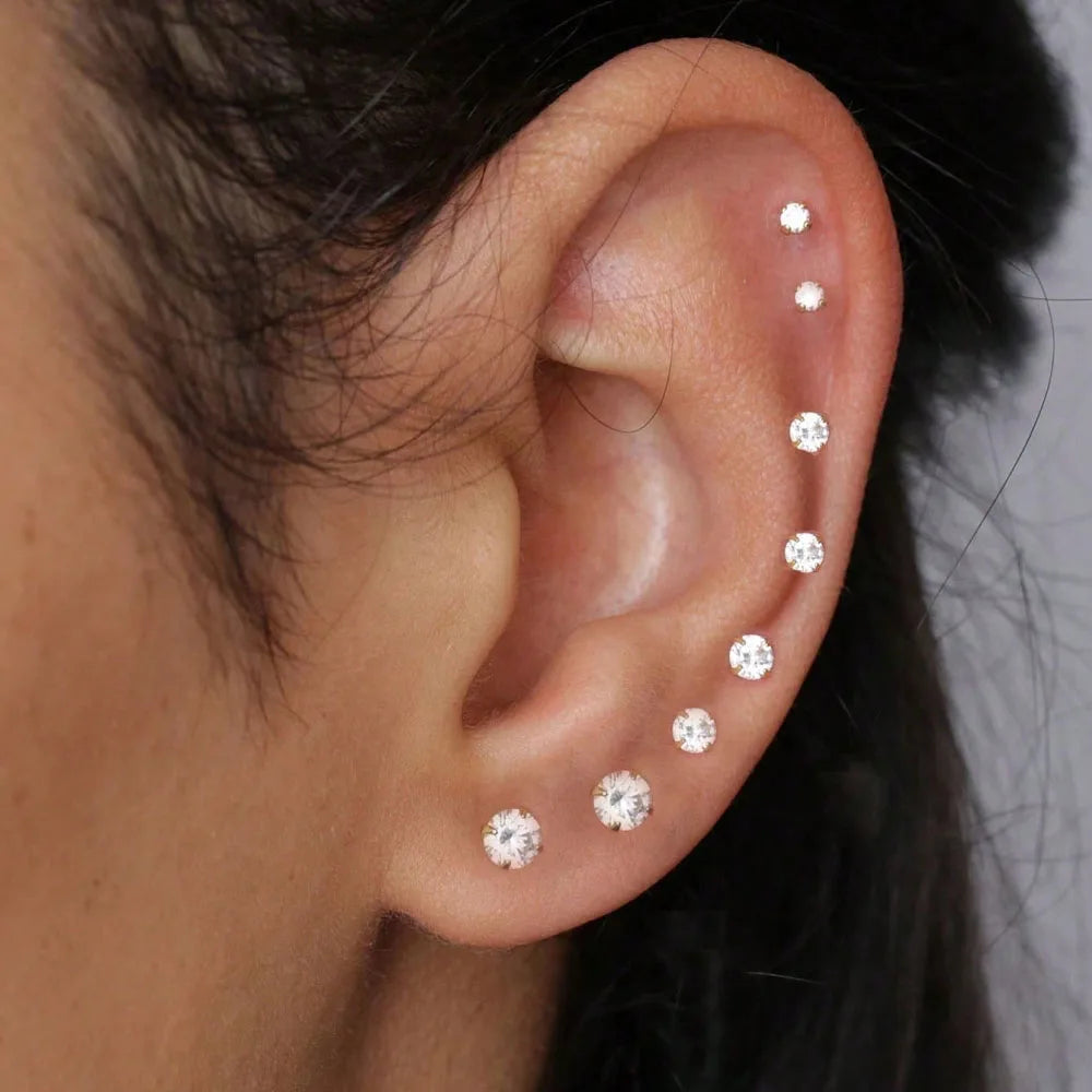 1Pair Stainless Steel Crystal Flat Studs Women Men Bar Screw Back Tragus Round Clear Cubic Zirconia Piercing Earrings Jewelry