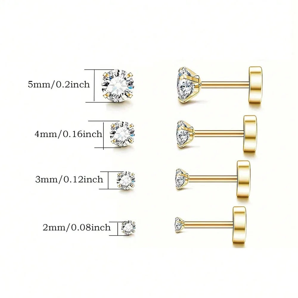 1Pair Stainless Steel Crystal Flat Studs Women Men Bar Screw Back Tragus Round Clear Cubic Zirconia Piercing Earrings Jewelry