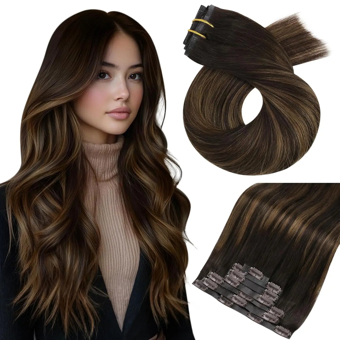 Moresoo Seamless Invisible PU Clip in Hair Extensions 100% Real Human Hair Remy Hair  PU Clip in Extensions 7PCS 105G Full Head
