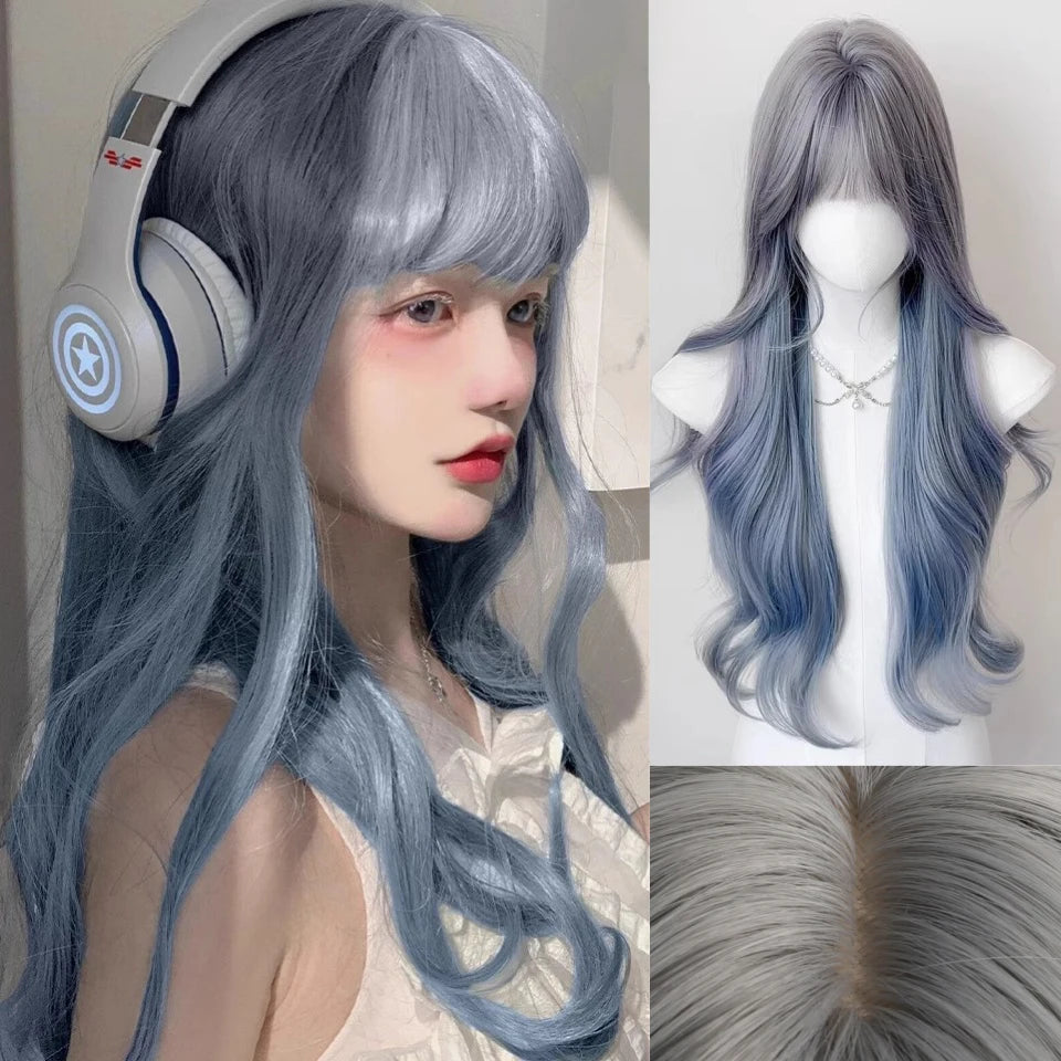 Platinum Blue Gradient Long Curly Wig - Heat Resistant Synthetic Cosplay