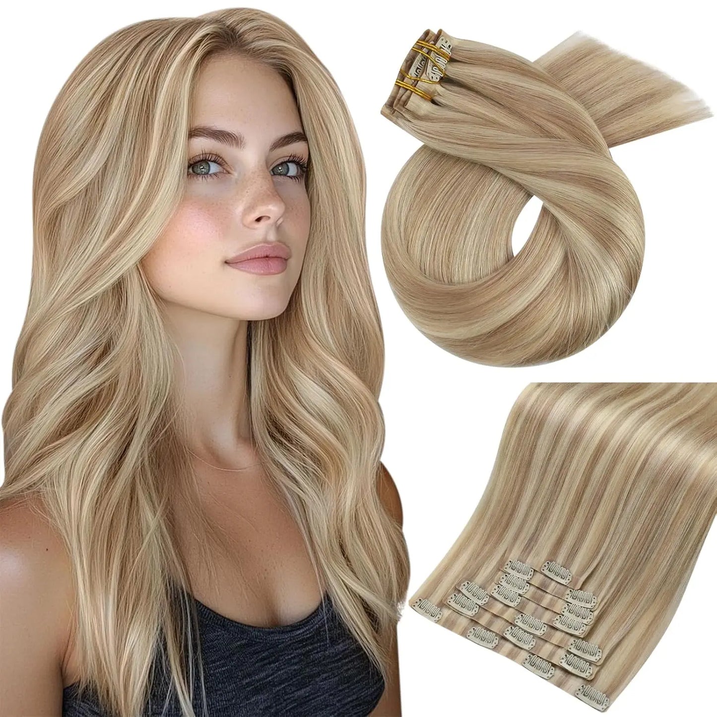 Moresoo Seamless Invisible PU Clip in Hair Extensions 100% Real Human Hair Remy Hair  PU Clip in Extensions 7PCS 105G Full Head