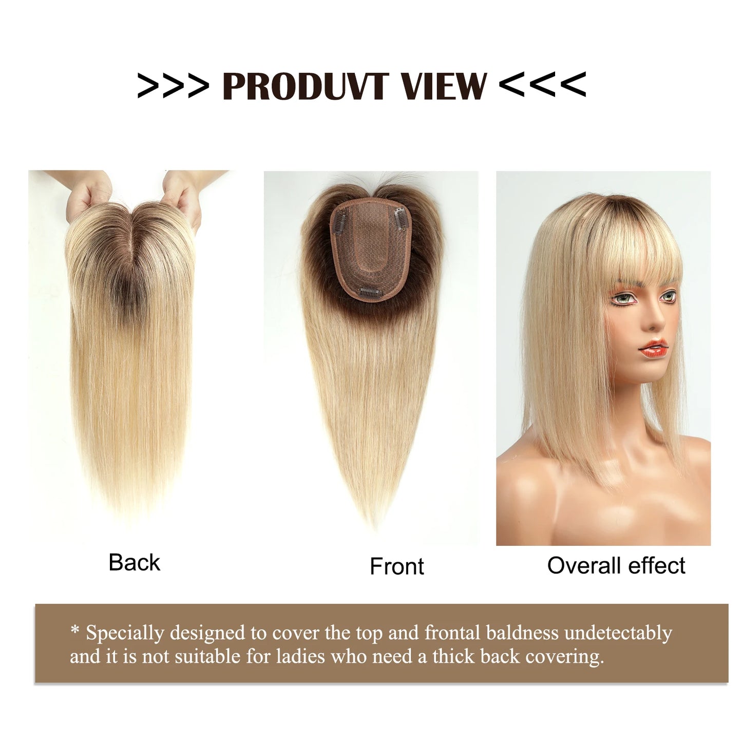 Brown Blonde Ombre 14 Inch Silk Base Human Hair Topper Remy Hair Clip In Top Piece for Women with Bangs Extensions for Thinning