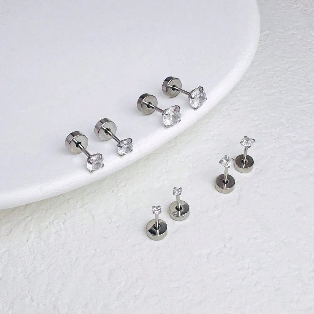 1Pair Stainless Steel Crystal Flat Studs Women Men Bar Screw Back Tragus Round Clear Cubic Zirconia Piercing Earrings Jewelry