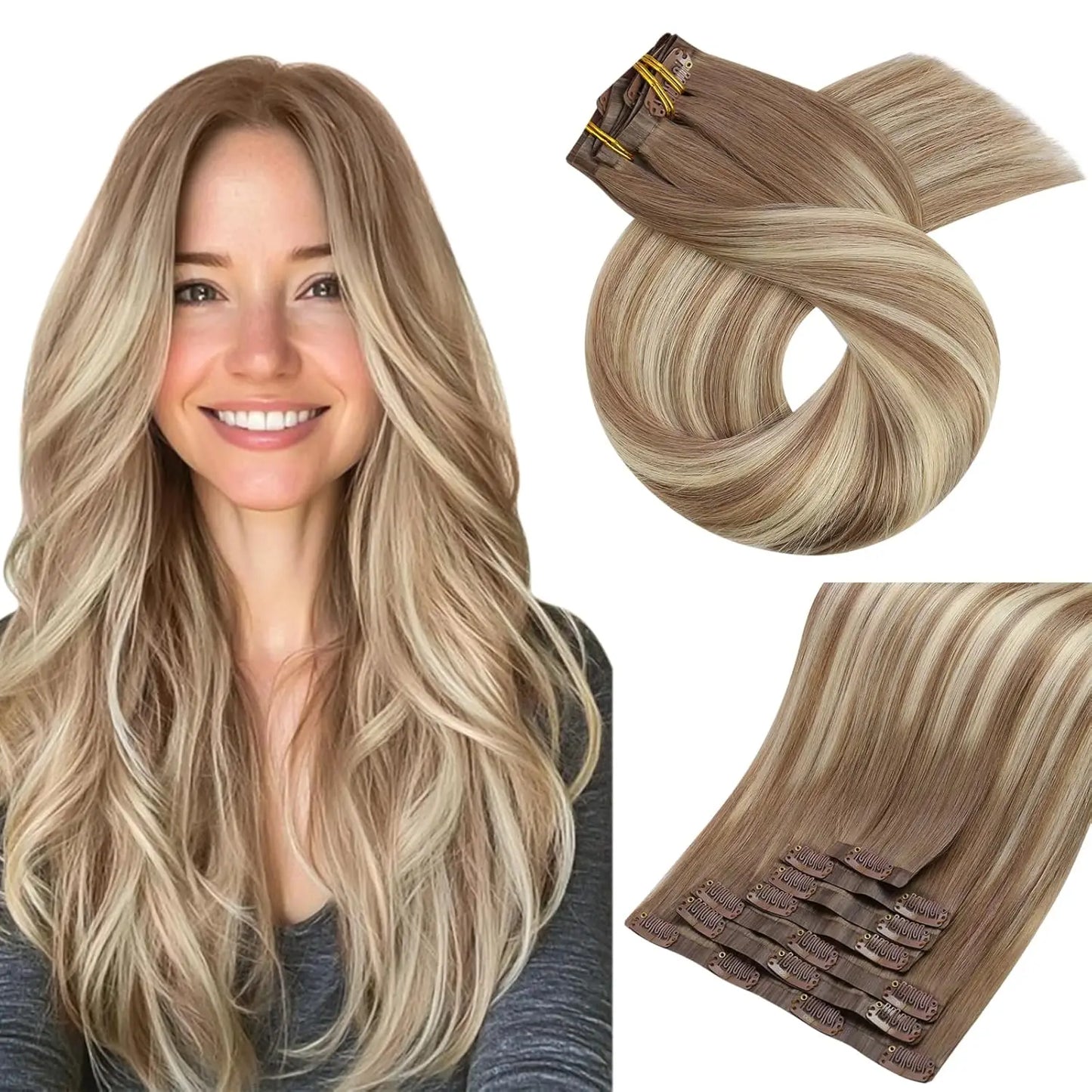 Moresoo Seamless Invisible PU Clip in Hair Extensions 100% Real Human Hair Remy Hair  PU Clip in Extensions 7PCS 105G Full Head
