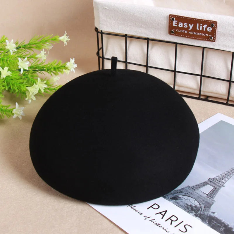 100% Wool Felt Winter Beret Solid Warmer Women Beanies Cap Classical French Style Beret Femme Beanies Cap Ladies Fascinator Hat