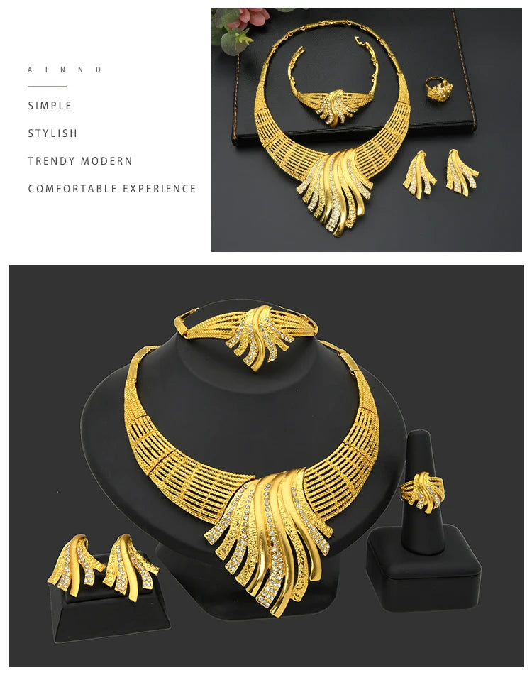 ANIID Nigerian Jewelery Set Wedding Jewelry For Women Dubai 24K Gold Color Jewlery African Designer Earrings Bridal Necklace