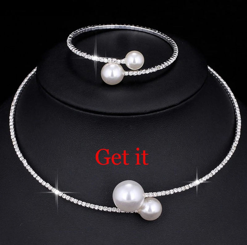 Wedding Bridal Jewelry Set String of Pearls Prom Silver Color Crystal Bracelet Necklace Earrings for Women jewellery sets