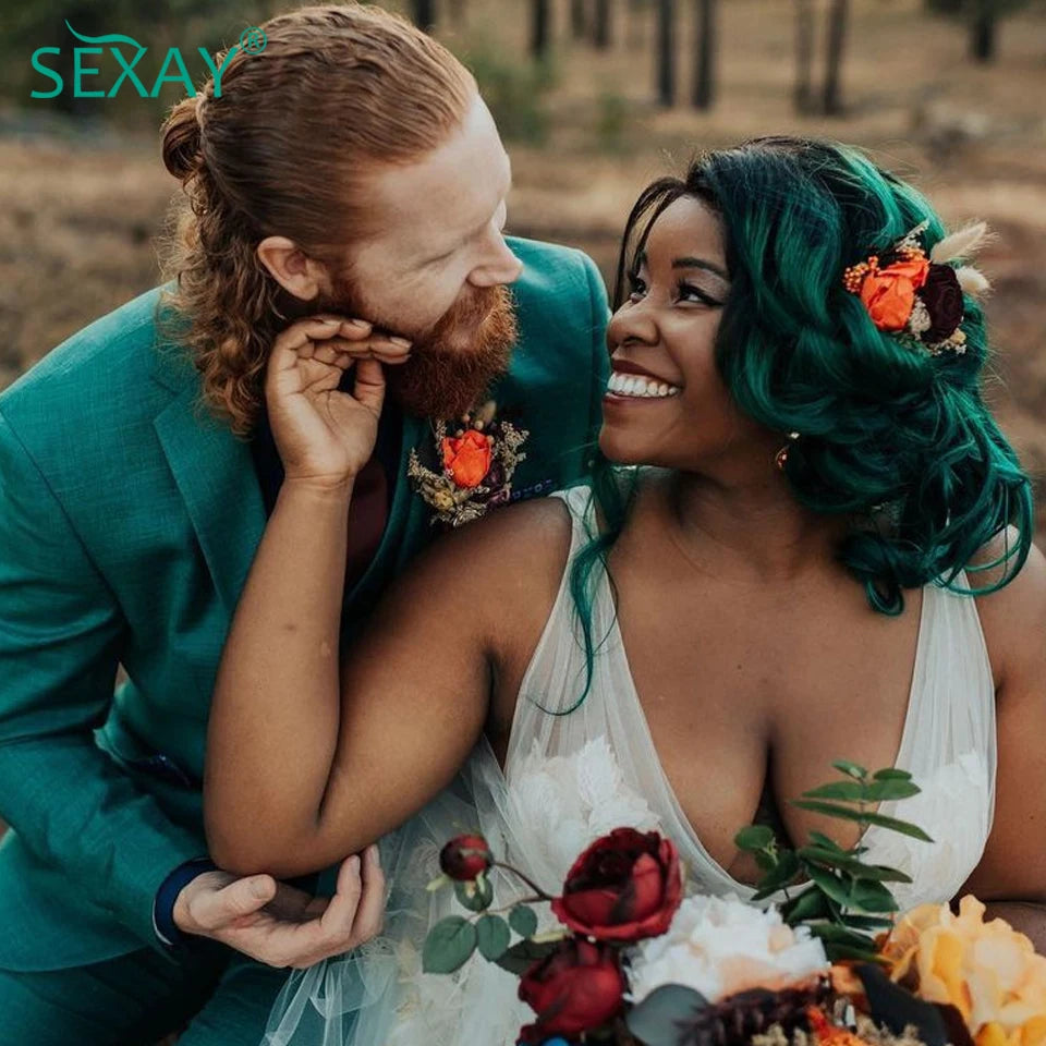 Ombre Green Bundles With Frontal Brazilian Body Wave Turquoise Color Human Hair Weave 3 Pcs With 13x4 Transaparent Lace Frontal