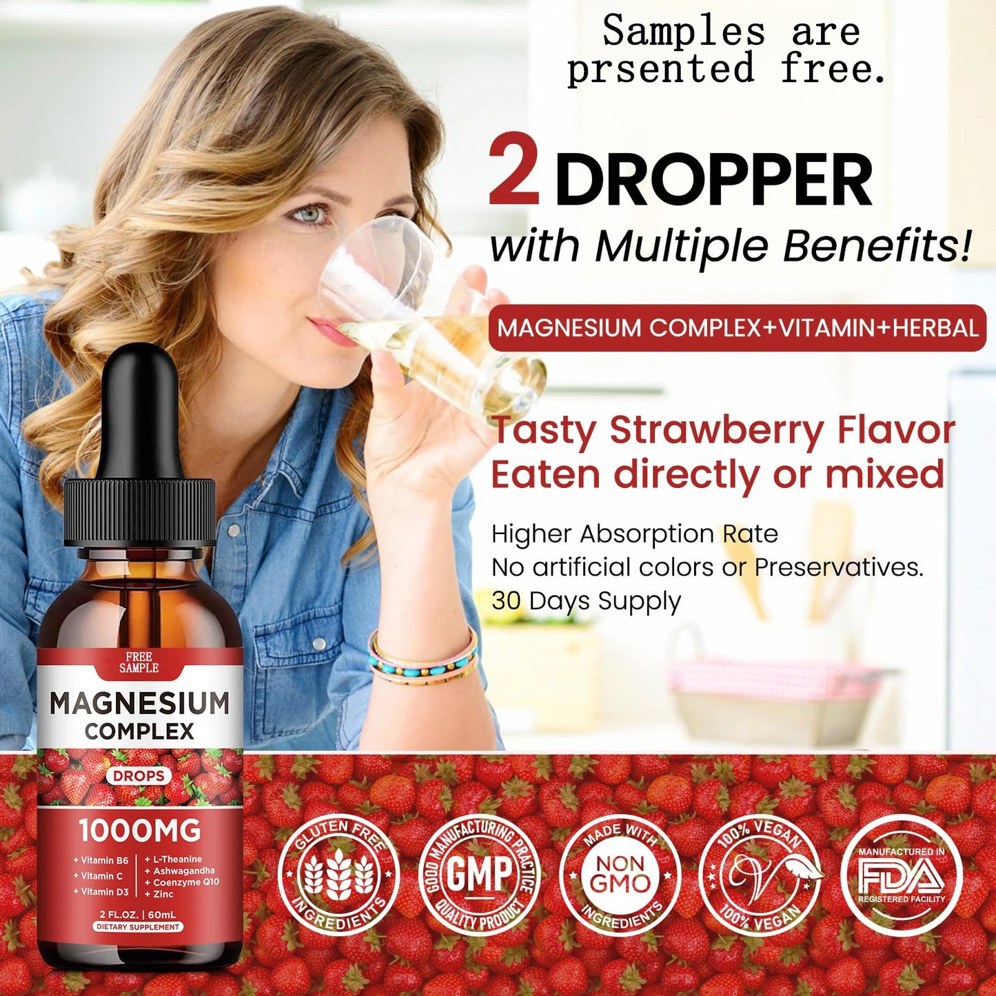 Liquid Ashwagandha Magnesium Citrate Supplement Drops Oral Dosage with Calcium Zinc Vitamin D3 B6 B12 CoQ10 Potassium Magnesium